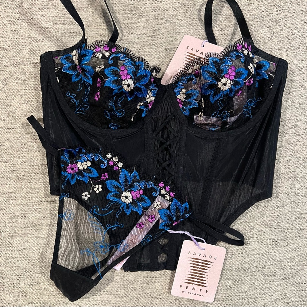Savage X Fenty Black and Purple Floral Embroidered Bra Set